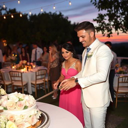 Um belo cenário em uma festa de casamento ao ar livre, com mesas decoradas em cores pastel, flores brancas e rosa claro, e um fundo encantador com árvores e luzes penduradas