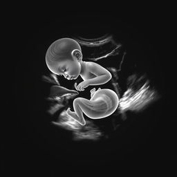 A realistic, detailed ultrasound image of a baby, showcasing the distinct features such as the head, limbs, and the overall outline of the baby's body