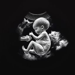 A realistic, detailed ultrasound image of a baby, showcasing the distinct features such as the head, limbs, and the overall outline of the baby's body