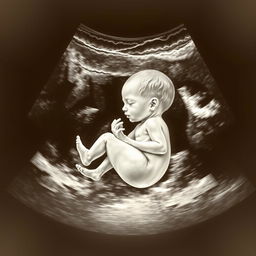 A realistic, detailed ultrasound image of a baby, showcasing the distinct features such as the head, limbs, and the overall outline of the baby's body