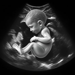 A realistic, detailed ultrasound image of a baby, showcasing the distinct features such as the head, limbs, and the overall outline of the baby's body