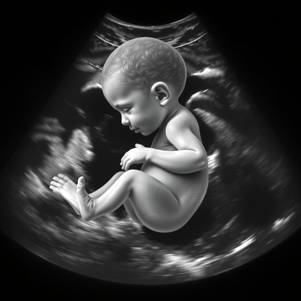 A realistic, detailed ultrasound image of a baby, showcasing the distinct features such as the head, limbs, and the overall outline of the baby's body