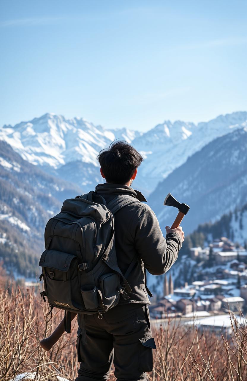A black-haired Asian man standing with his back turned, wearing a backpack and holding an axe in one hand