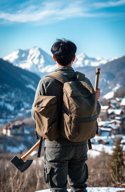 A black-haired Asian man standing with his back turned, wearing a backpack and holding an axe in one hand