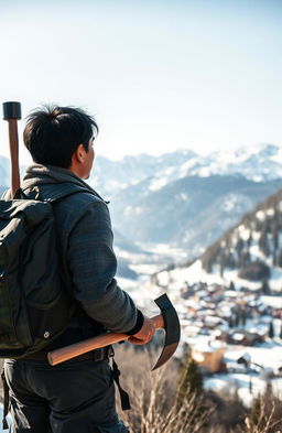 A black-haired Asian man standing with his back turned, wearing a backpack and holding an axe in one hand