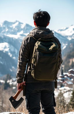 A black-haired Asian man standing with his back turned, wearing a backpack and holding an axe in one hand