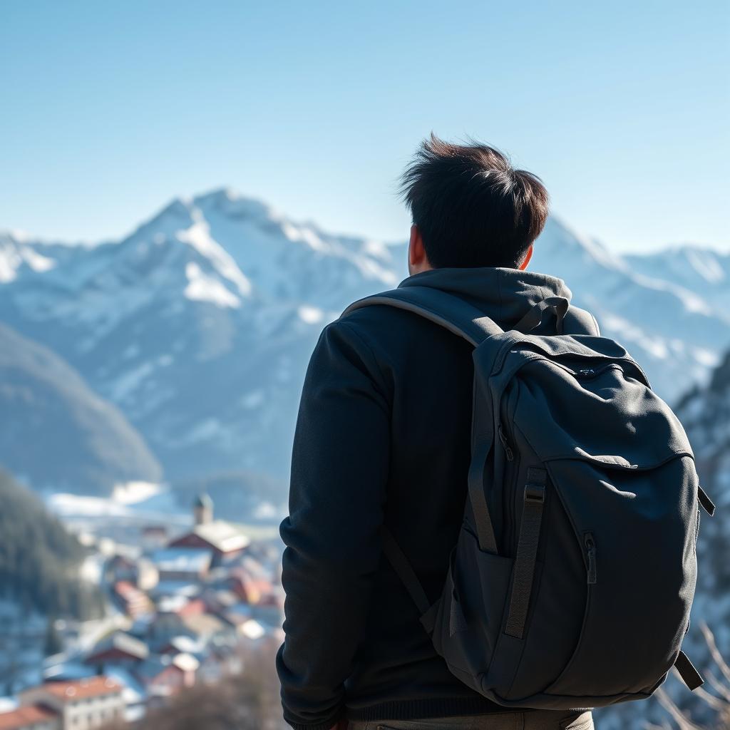A black-haired Asian man standing with his back turned, wearing a backpack