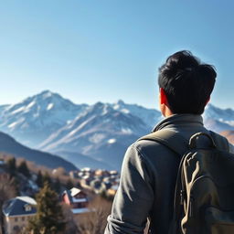 A black-haired Asian man standing with his back turned, wearing a backpack