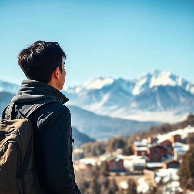 A black-haired Asian man standing with his back turned, wearing a backpack