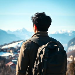 A black-haired Asian man standing with his back turned, wearing a backpack