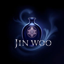 A sleek and elegant fragrance logo inspired by Jin Woo, featuring a mystical, glowing perfume bottle or symbol