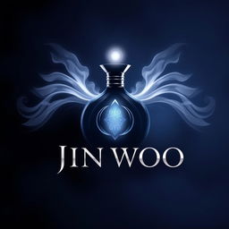 A sleek and elegant fragrance logo inspired by Jin Woo, featuring a mystical, glowing perfume bottle or symbol