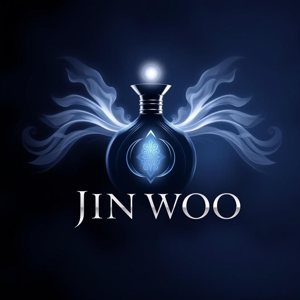 A sleek and elegant fragrance logo inspired by Jin Woo, featuring a mystical, glowing perfume bottle or symbol