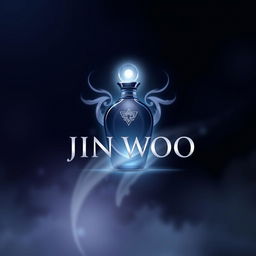 A sleek and elegant fragrance logo inspired by Jin Woo, featuring a mystical, glowing perfume bottle or symbol