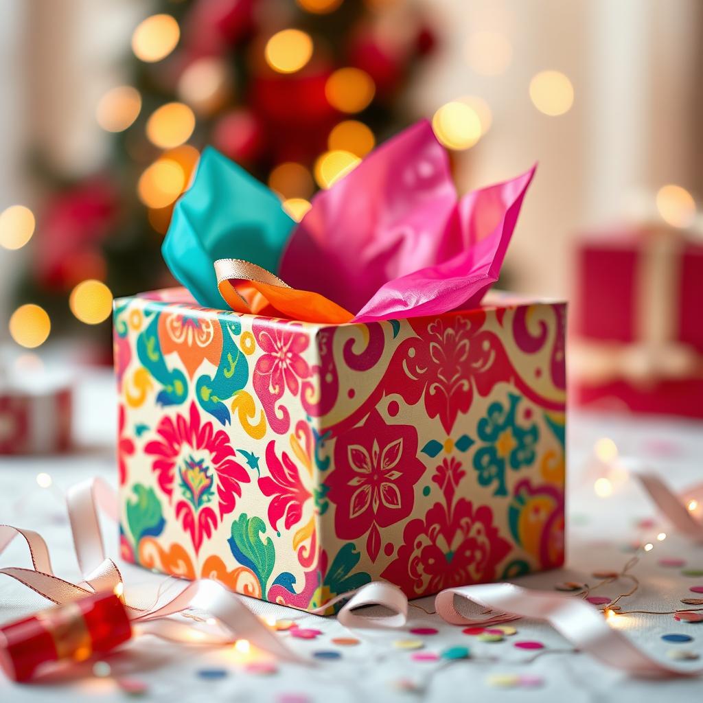 A beautifully wrapped gift box adorned with vibrant colors and intricate patterns