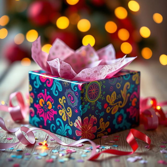 A beautifully wrapped gift box adorned with vibrant colors and intricate patterns