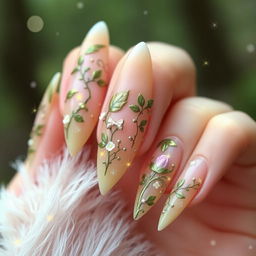 A close-up of whimsical fairy faun nails, featuring intricate designs of leaves, flowers, and ethereal accents