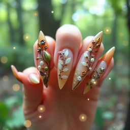 A close-up of whimsical fairy faun nails, featuring intricate designs of leaves, flowers, and ethereal accents