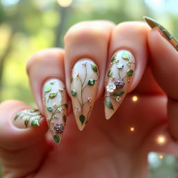 A close-up of whimsical fairy faun nails, featuring intricate designs of leaves, flowers, and ethereal accents