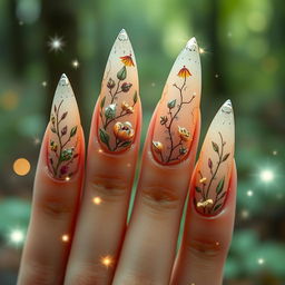 A close-up of whimsical fairy faun nails, featuring intricate designs of leaves, flowers, and ethereal accents