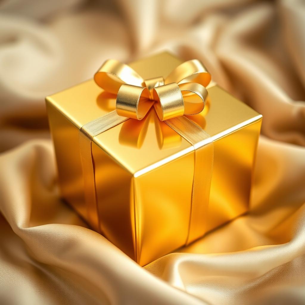 A beautiful, simple yet attractive golden gift box with a shiny finish, adorned with a delicate bow on top