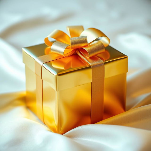 A beautiful, simple yet attractive golden gift box with a shiny finish, adorned with a delicate bow on top