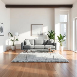 A modern living room space featuring a stylish grey, three-seater sofa placed in the center
