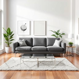 A modern living room space featuring a stylish grey, three-seater sofa placed in the center