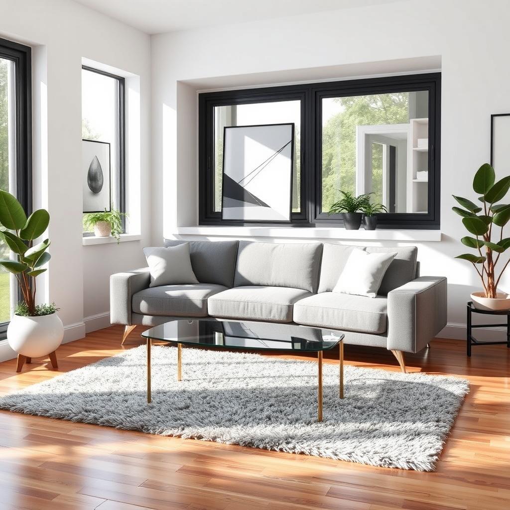 A modern living room space featuring a stylish grey, three-seater sofa placed in the center