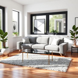 A modern living room space featuring a stylish grey, three-seater sofa placed in the center