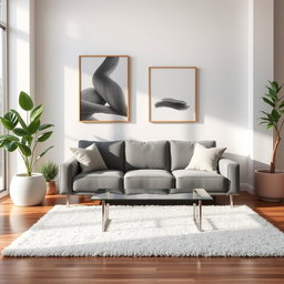 A modern living room space featuring a stylish grey, three-seater sofa placed in the center
