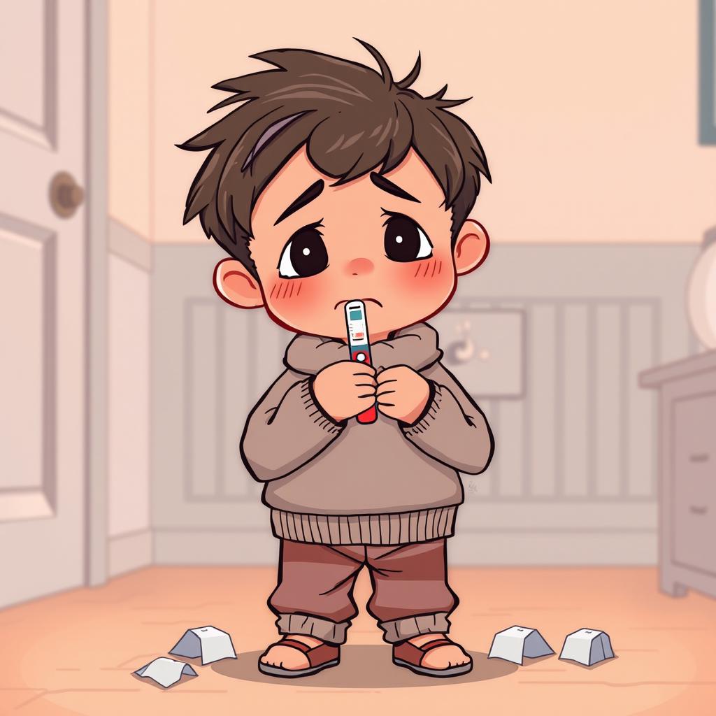 A cartoon-style illustration of a sick boy standing with a sad expression on his face