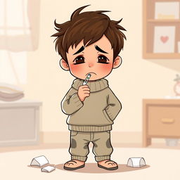 A cartoon-style illustration of a sick boy standing with a sad expression on his face