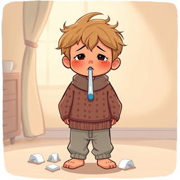 A cartoon-style illustration of a sick boy standing with a sad expression on his face