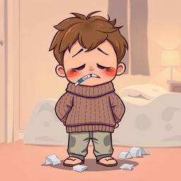 A cartoon-style illustration of a sick boy standing with a sad expression on his face