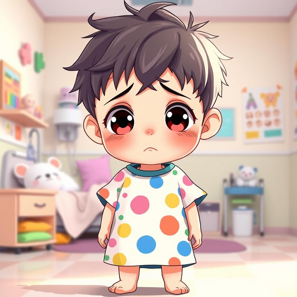 A cute anime-style young boy standing with a sad expression, wearing a colorful hospital gown