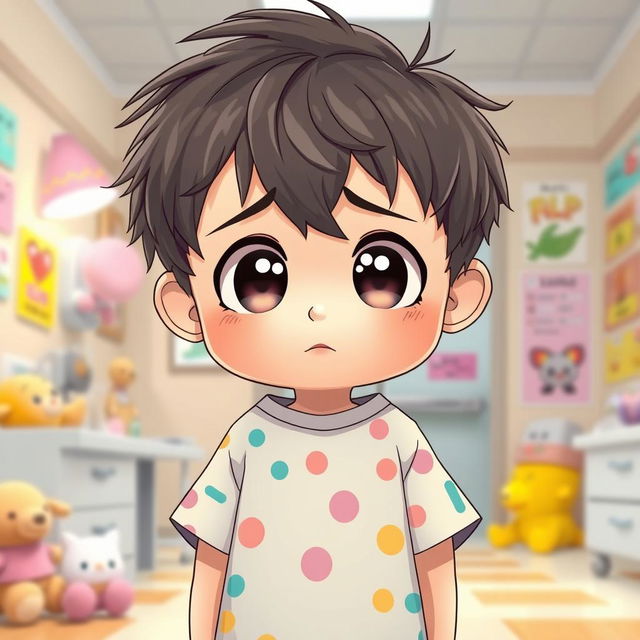 A cute anime-style young boy standing with a sad expression, wearing a colorful hospital gown