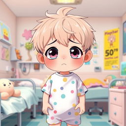 A cute anime-style young boy standing with a sad expression, wearing a colorful hospital gown