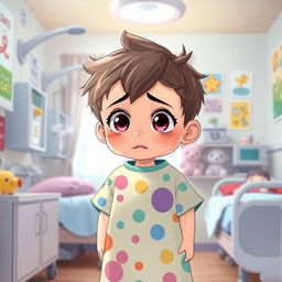 A cute anime-style young boy standing with a sad expression, wearing a colorful hospital gown
