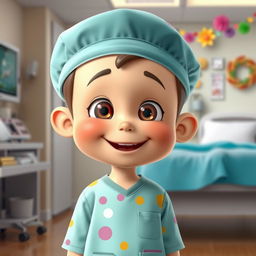 A cheerful, attractive animated boy standing in a hospital setting, wearing a colorful hospital gown, with bright expressive eyes and a warm smile