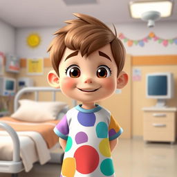 A cheerful, attractive animated boy standing in a hospital setting, wearing a colorful hospital gown, with bright expressive eyes and a warm smile