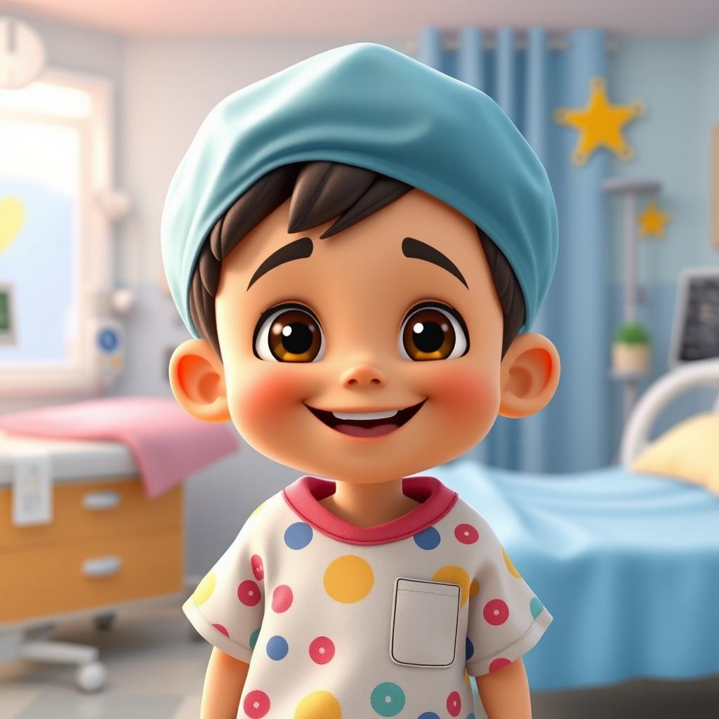 A cheerful, attractive animated boy standing in a hospital setting, wearing a colorful hospital gown, with bright expressive eyes and a warm smile