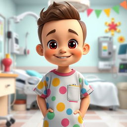 A cheerful, attractive animated boy standing in a hospital setting, wearing a colorful hospital gown, with bright expressive eyes and a warm smile