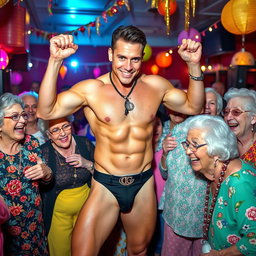 A vibrant scene featuring a charismatic male stripper, showcasing his athletic physique and confident pose