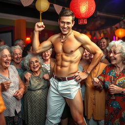 A vibrant scene featuring a charismatic male stripper, showcasing his athletic physique and confident pose
