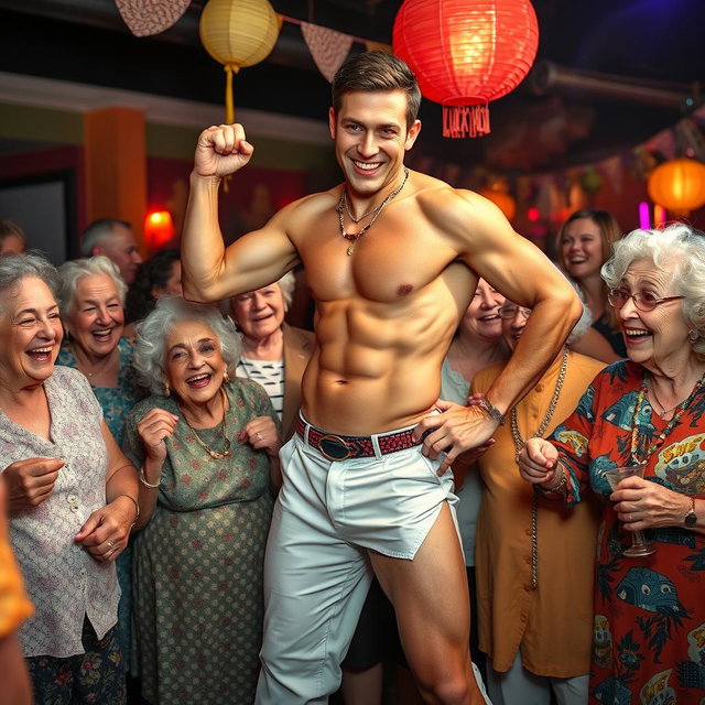 A vibrant scene featuring a charismatic male stripper, showcasing his athletic physique and confident pose
