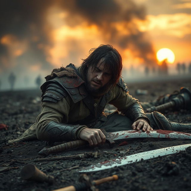 A wounded warrior on the brink of death, lying on the ground in a battle-scarred landscape