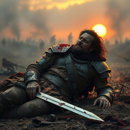A wounded warrior on the brink of death, lying on the ground in a battle-scarred landscape