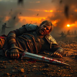A wounded warrior on the brink of death, lying on the ground in a battle-scarred landscape