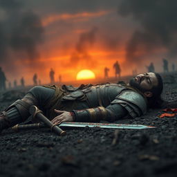 A wounded warrior on the brink of death, lying on the ground in a battle-scarred landscape